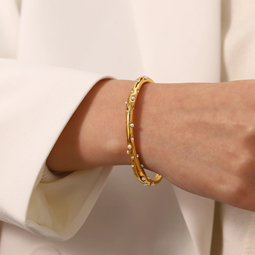 KIKA New Trend 18K Gold Plated Mini Pearl Cuff Bracelets Stainless Steel Pave Zircon Open Cuff Bangle bijoux femme