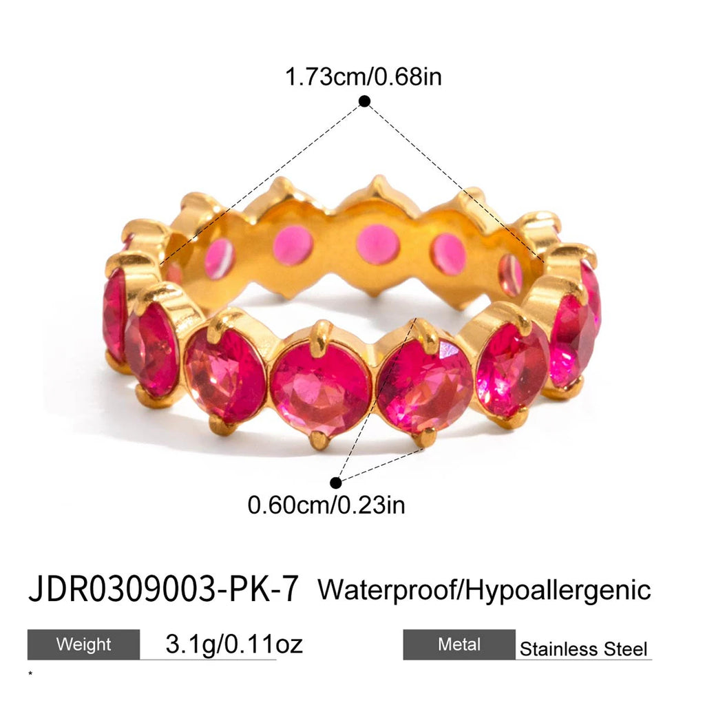 KIKA Rose Red Purple Round Zircon Ring 18K PVD Stainless Steel 136L