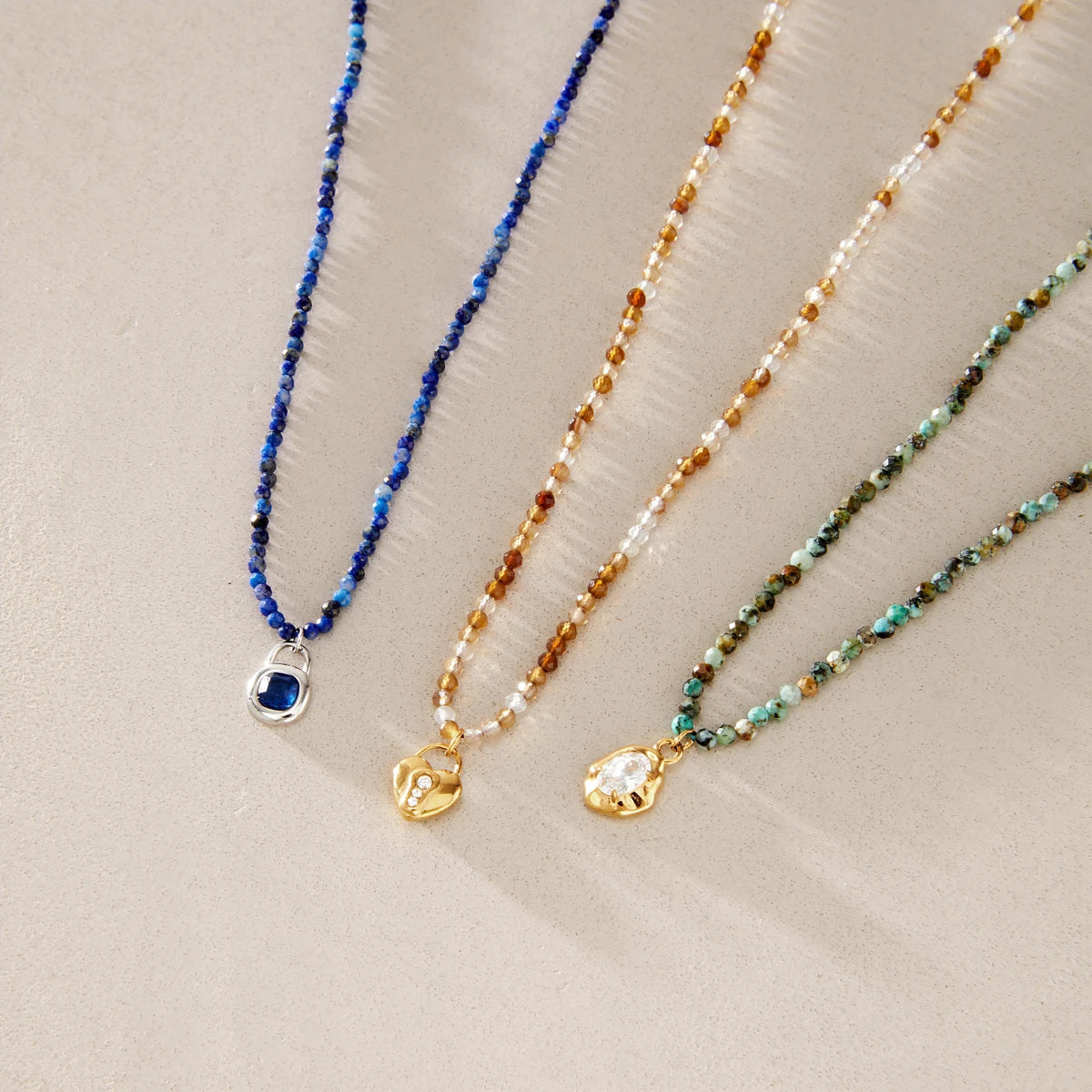 KIKA Vintage Geometric Pendant Natural Stone Beaded Necklace For Women Minimalist 18K Gold PVD Plated Stainless Steel Necklace