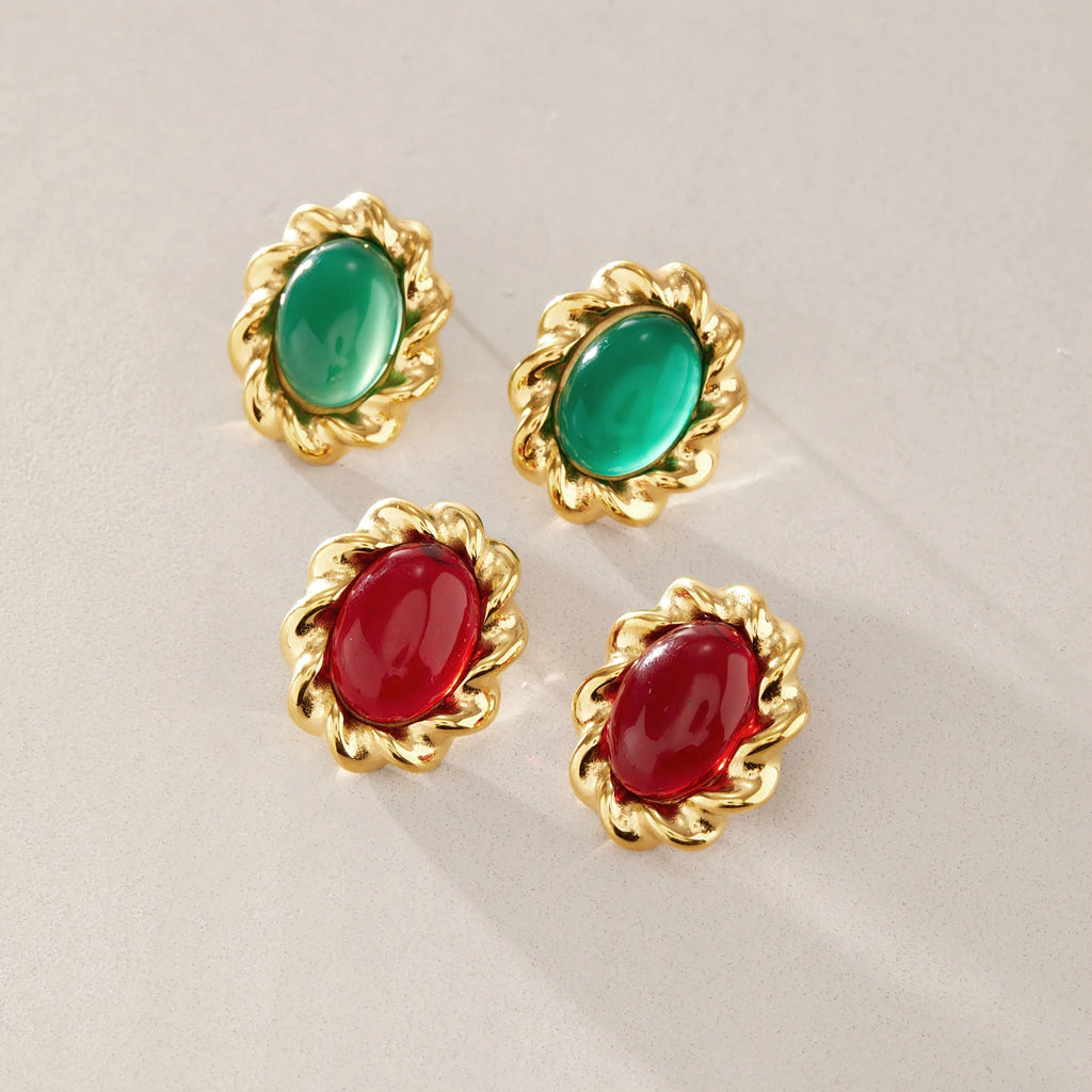 Kika White Zircon Multicolor Agate Stone Stud Earrings 18K Gold Plated Stainless Steel 316L