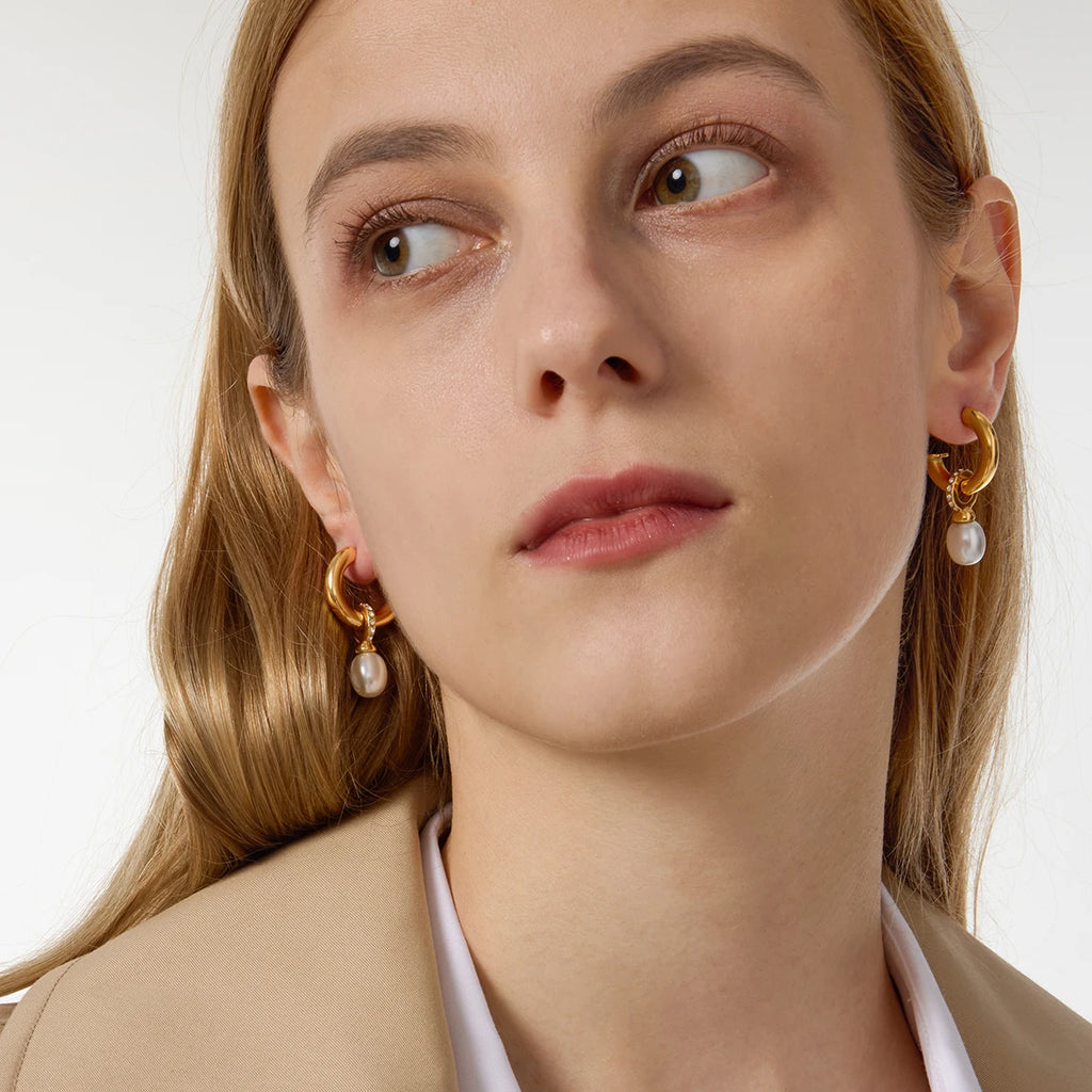 KIKA Fashion Elegant Pearl Pendant Earrings 18K Gold Color PVD Plated Stainless Steel 316L White Water Rhinestone