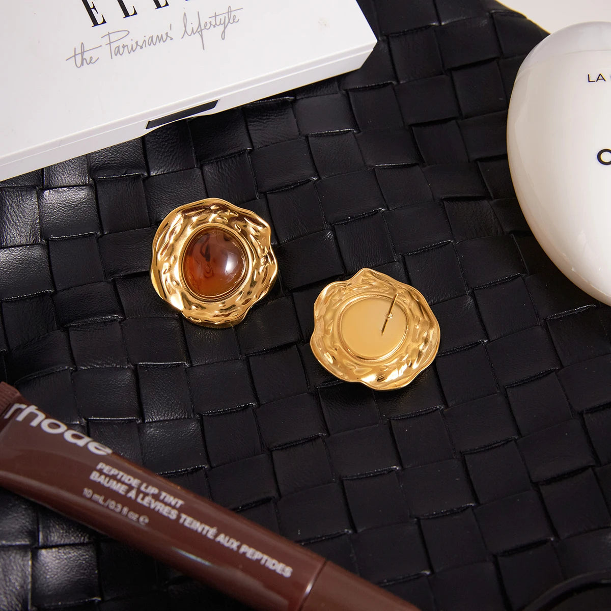 Kika Vintage Hammer Pattern Folded Round Amber Ear Studs 18K Gold Color Plated Stainless Steel