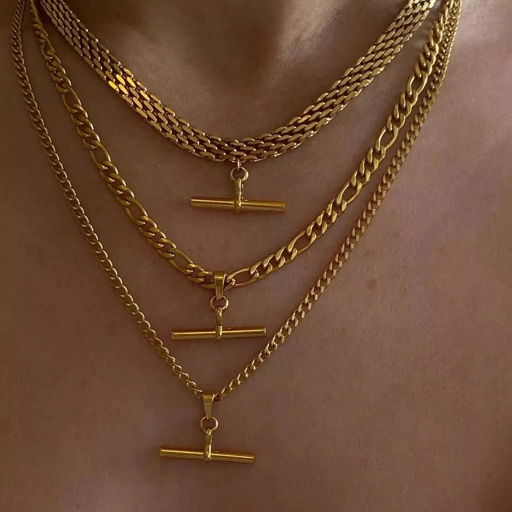 Kika New 18K Gold Color Plating Figaro Cuban Chain T-bar Pendant Necklace