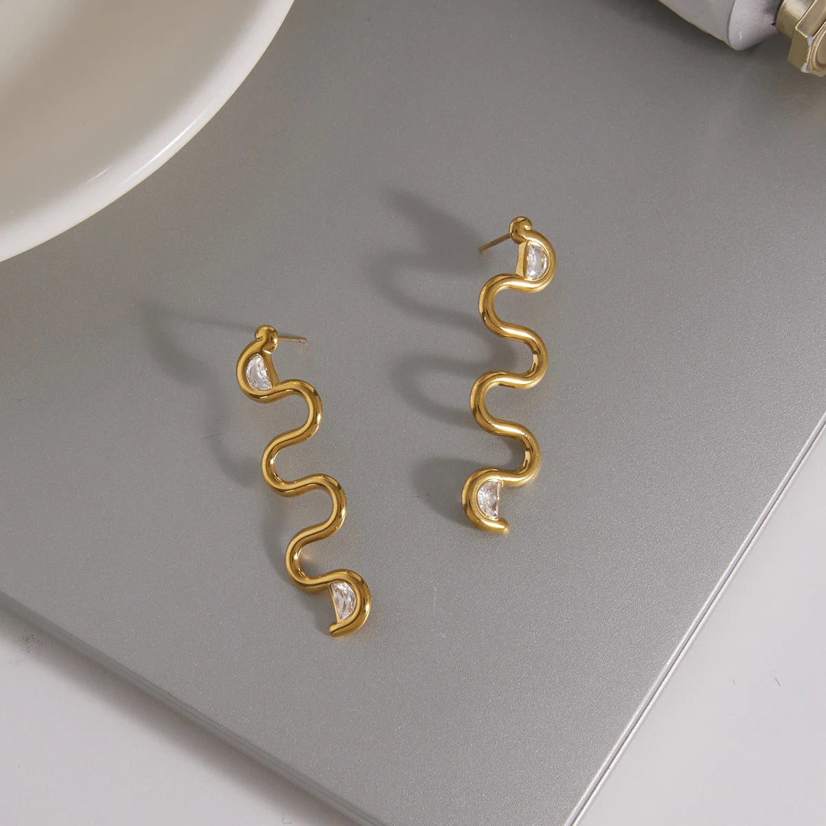 KIKA Delicate Zircon Wave Shape Long Stud Earrings  PVD Plated Stainless Steel 316L