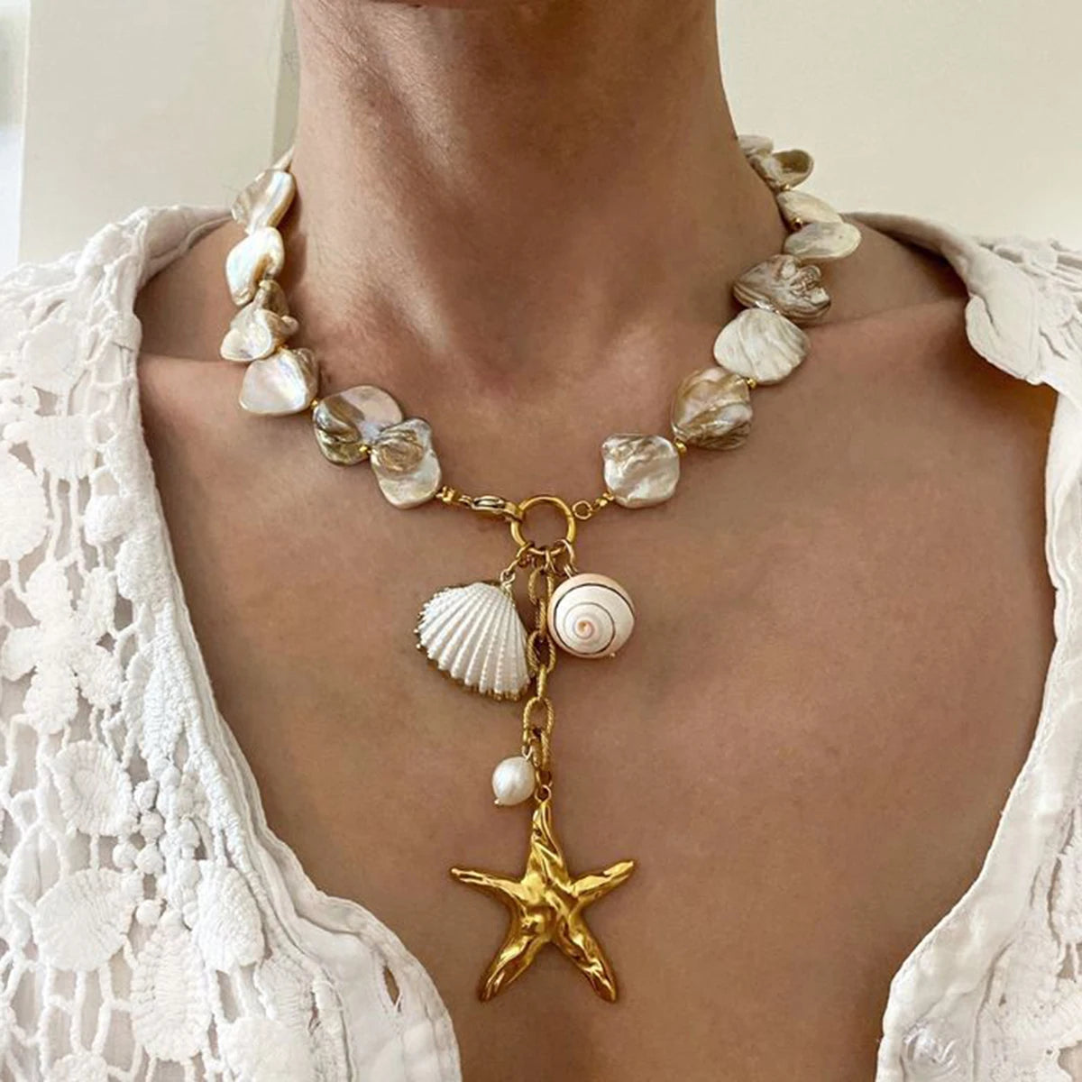 Vacation Style Ocean Series Imitation Pearl Seashell Necklace