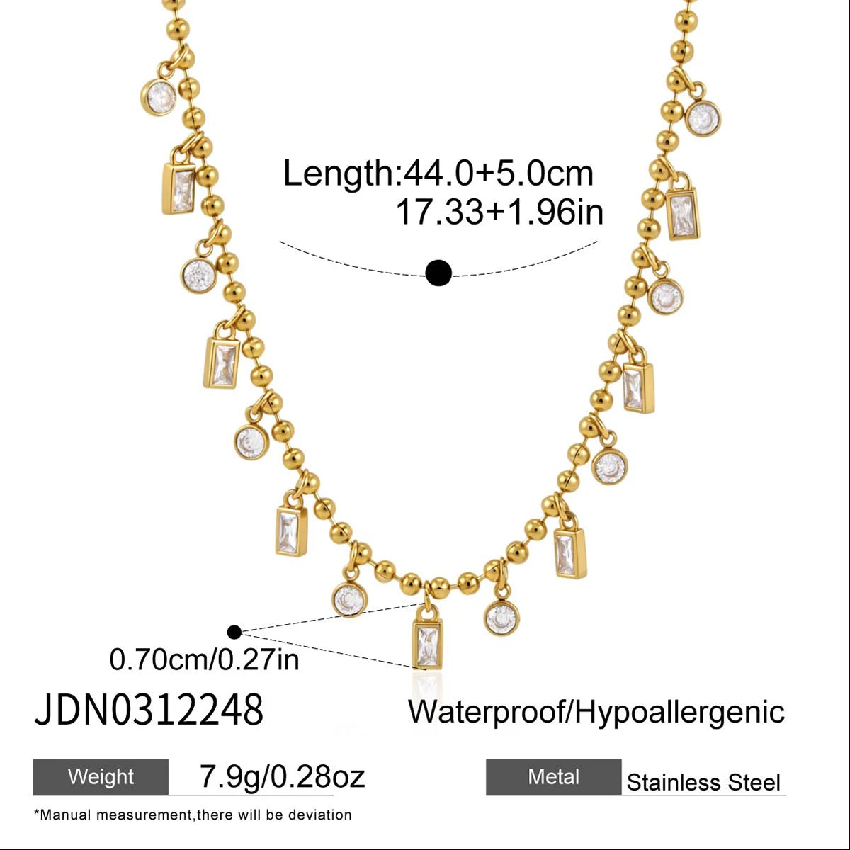 Kika Classic Rectangle Round Clear Zircons Bead Chain Necklace