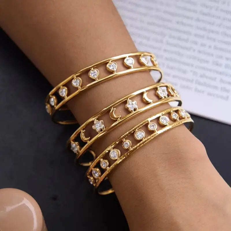 Kika Round Heart Star Zircon Cuff Bracelet For Women Multilayer 18K Gold Plated Stainless Steel Open Bangle Fashion Jewelry