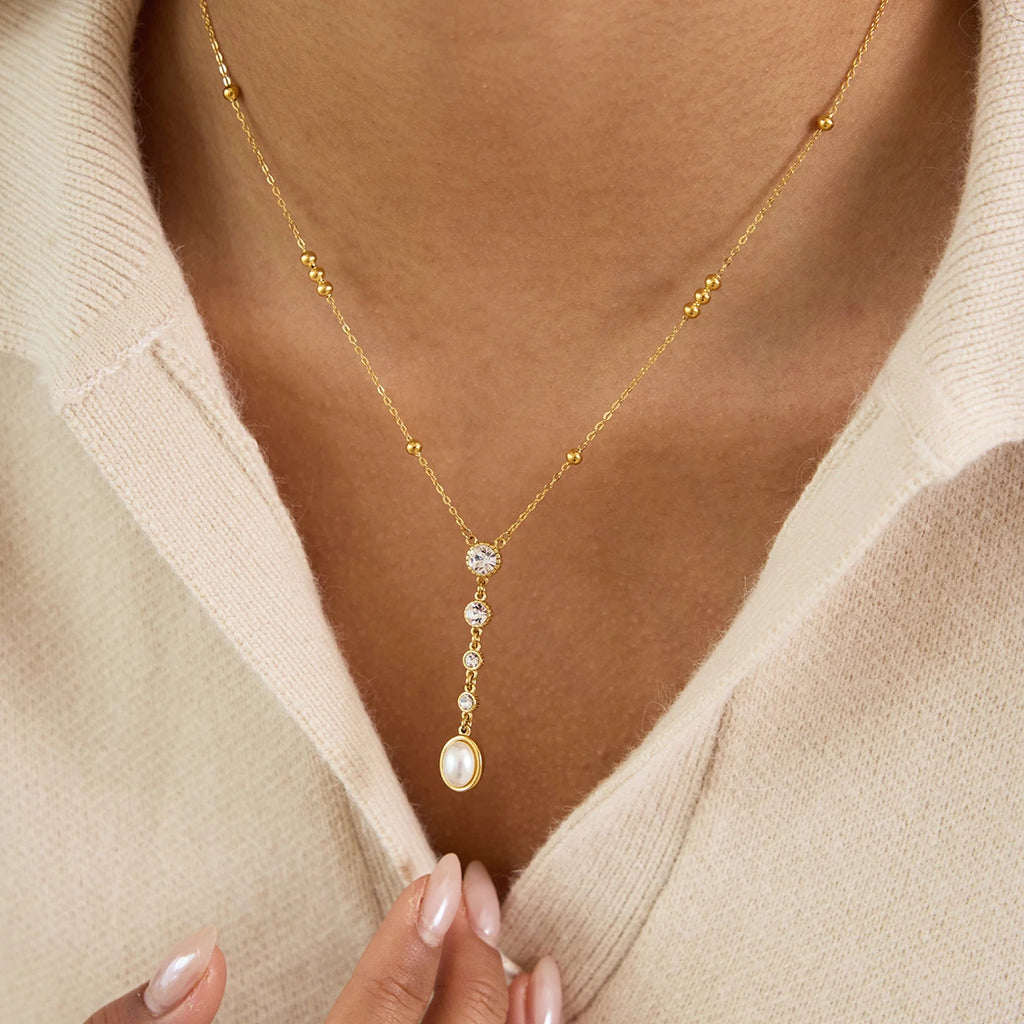 Kika Classic Plated Gold Color Stainless Steel Imitation Pearl Y-Shaped Chain Necklace