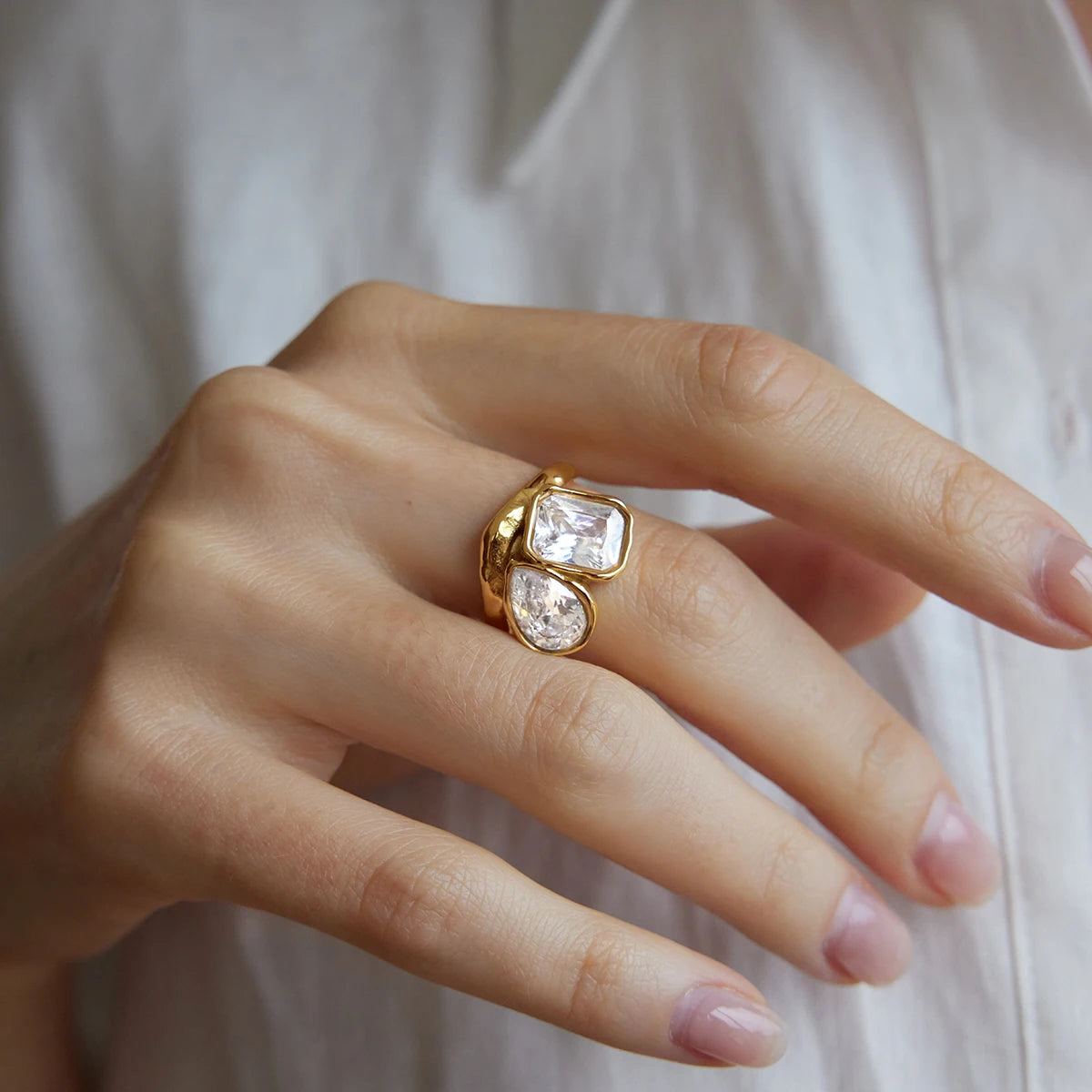 KIKA Water Drop Geometric Zircon Rings For Women Minimalist 18K Gold PVD Plated Stainless Steel 316L