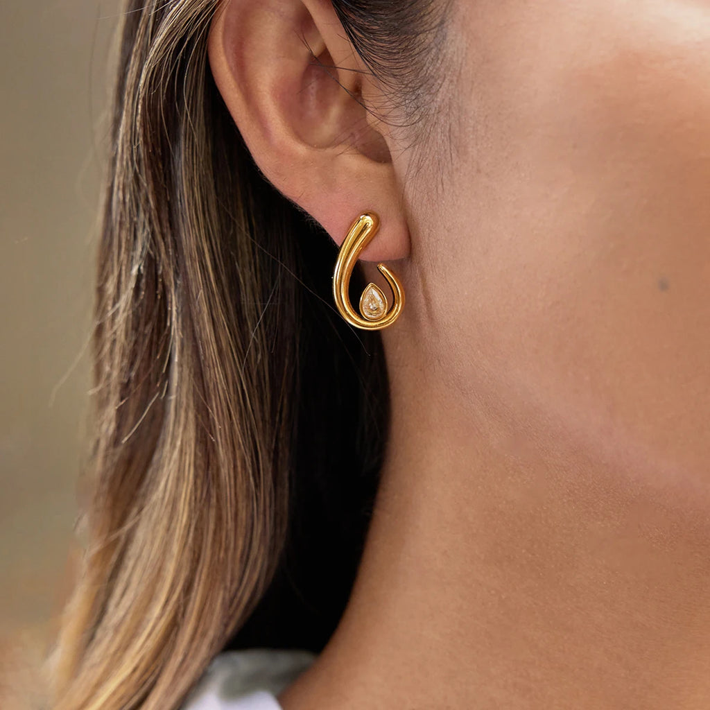 KIKA Classic Spiral Drop Earrings With White Zircon PVD Gold Plated Stainless Steel 316L Rings