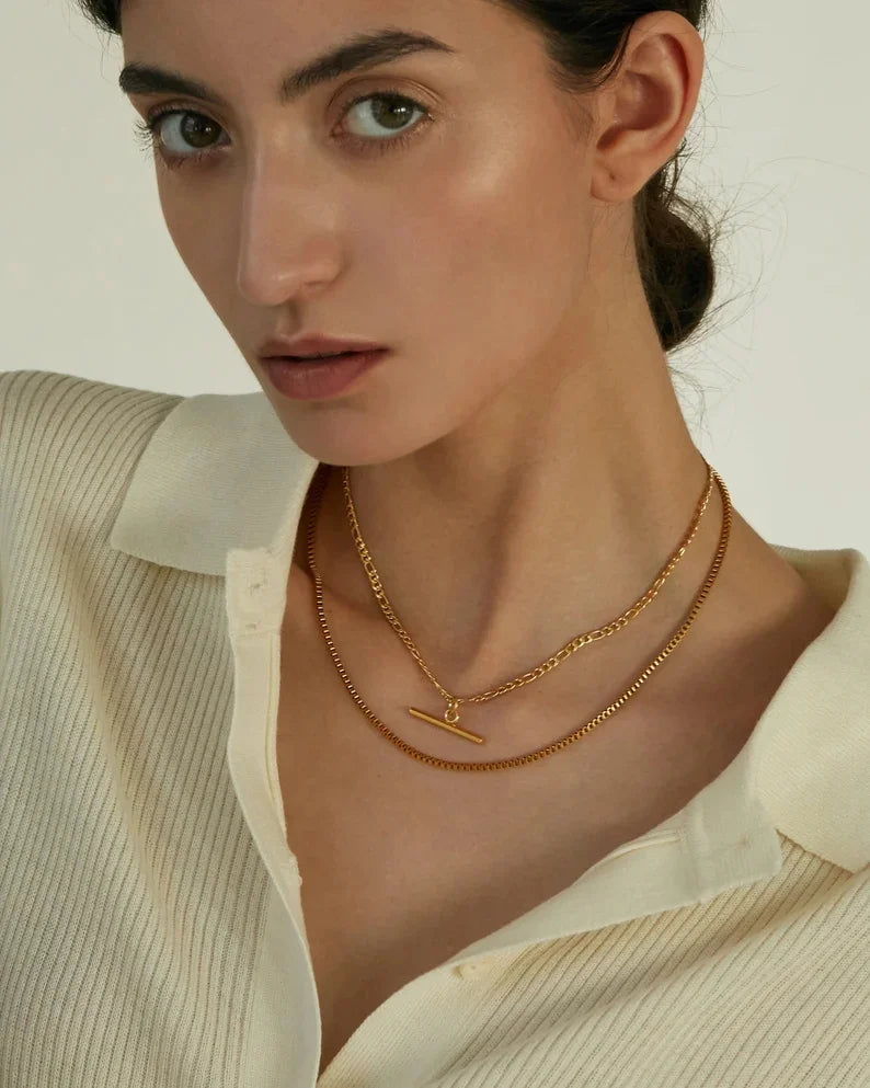 Kika New 18K Gold Color Plating Figaro Cuban Chain T-bar Pendant Necklace