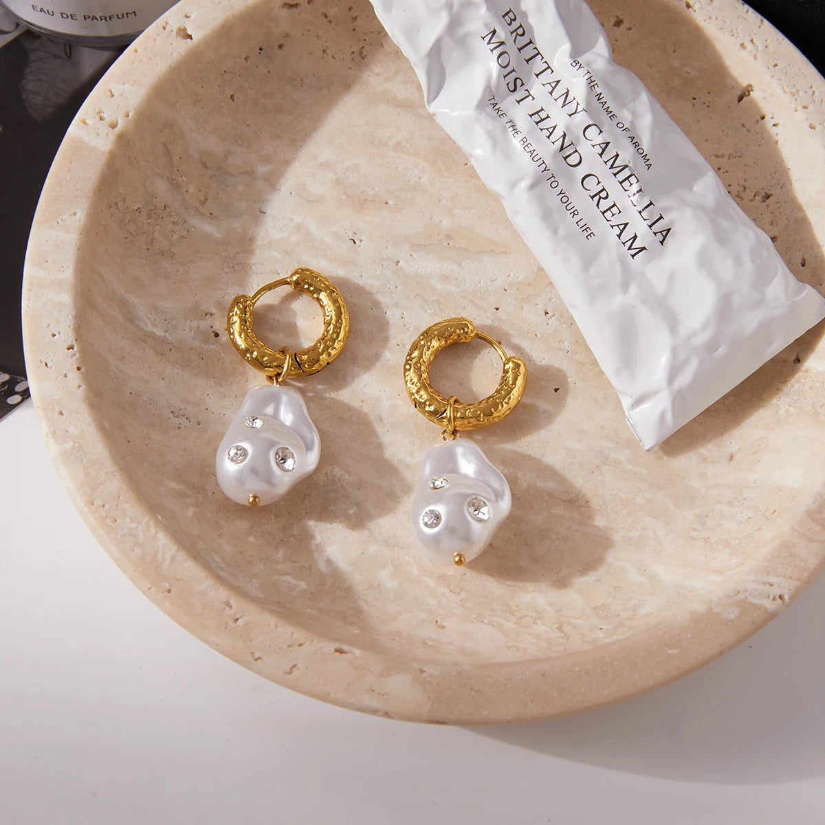KIKA Vintage White Zircon Shaped Pearl Pendant Earrings 18K Gold Color PVD  Plated Stainless Steel 316L Waterproof