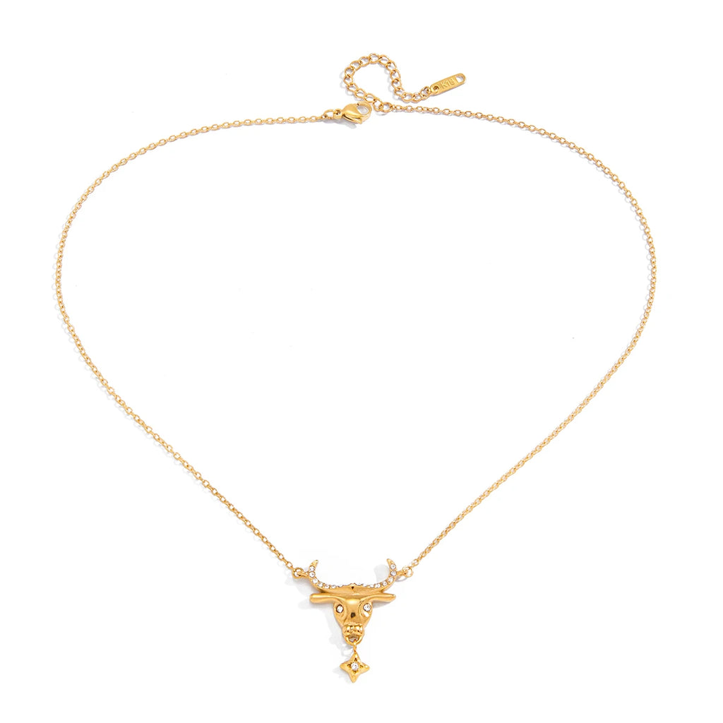 Classic Bull Head  Pendant With White Rhinestones O-Chain Necklace
