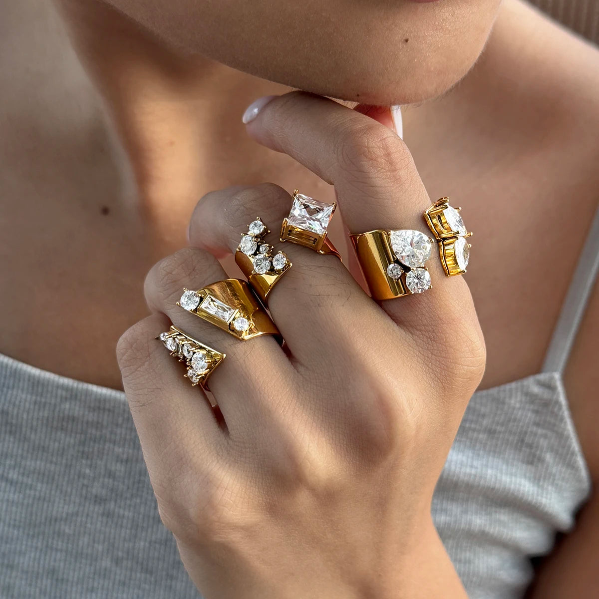 KIKA Classic Geometric Zircon Open Rings  18K Gold PVD Plated Stainless Steel 316L