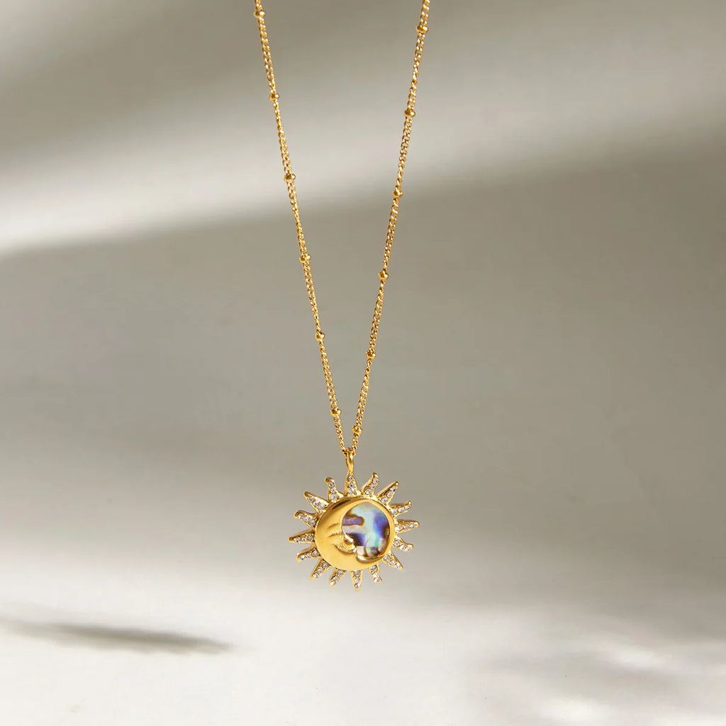 Kika Classic Moon Sun Pendant With White Rhineston Bead Chain Necklace