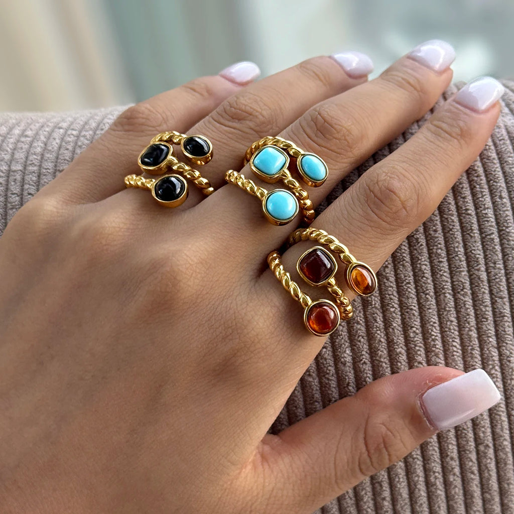KIKA Vintage Resin Rings For Women Multilayer 18K Gold PVD Plated Stainless Steel 316L Twisted Open Rings Fashion Jewelry Gift