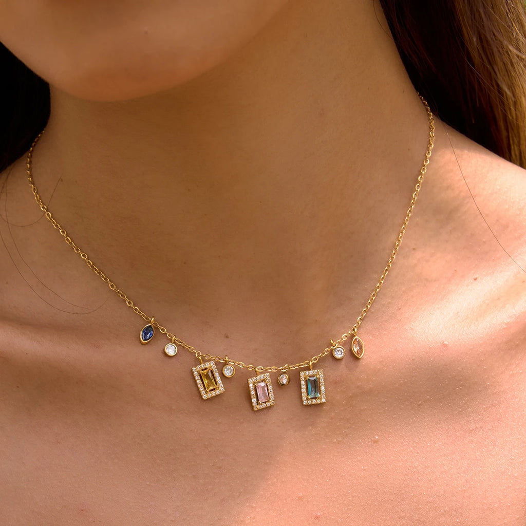 Kika Delicate 18K Colorful Square Geometric Zircon Pendant Bead Chain Necklace