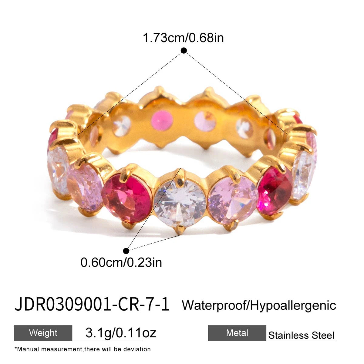 KIKA Rose Red Purple Round Zircon Ring 18K PVD Stainless Steel 136L