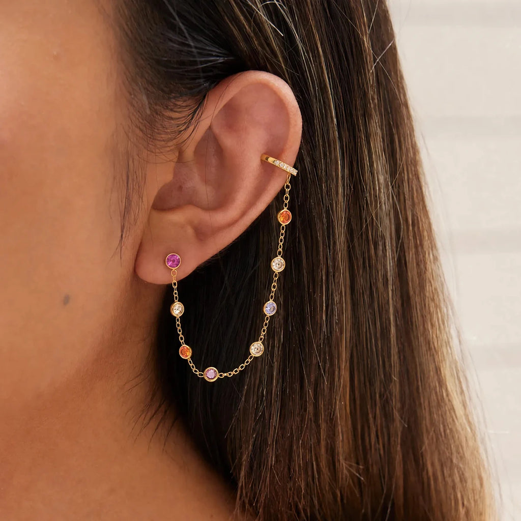 Kika 1 PC Delicate Zircon Chains Tassel Earring Gold PVD Plated Stainless Steel 316L