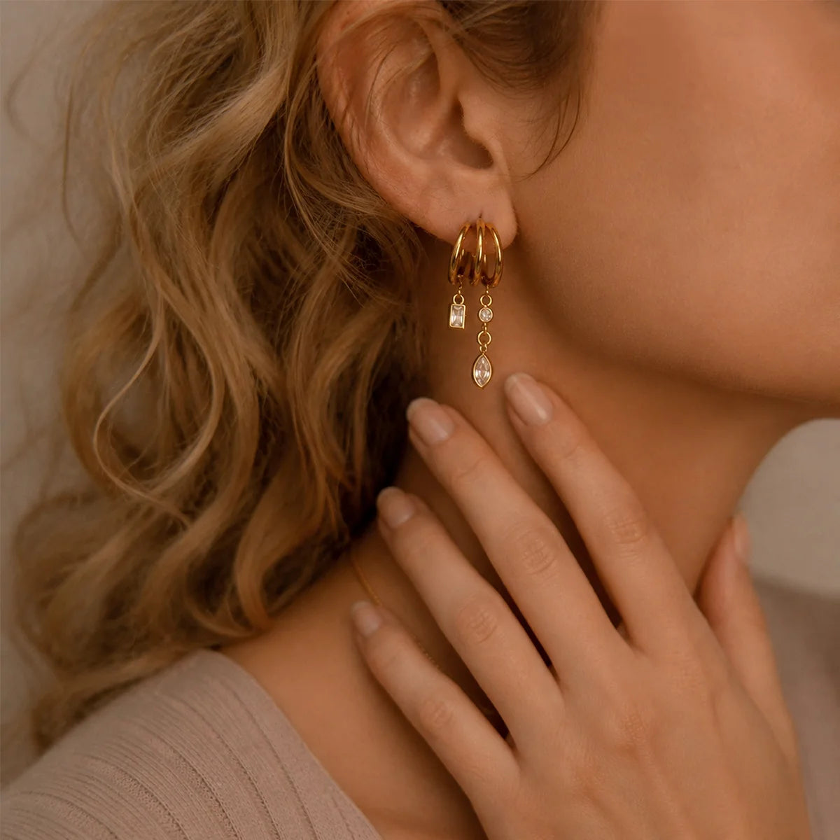 Kika Geometric Zircon Pendant Chains Tassel Earrings