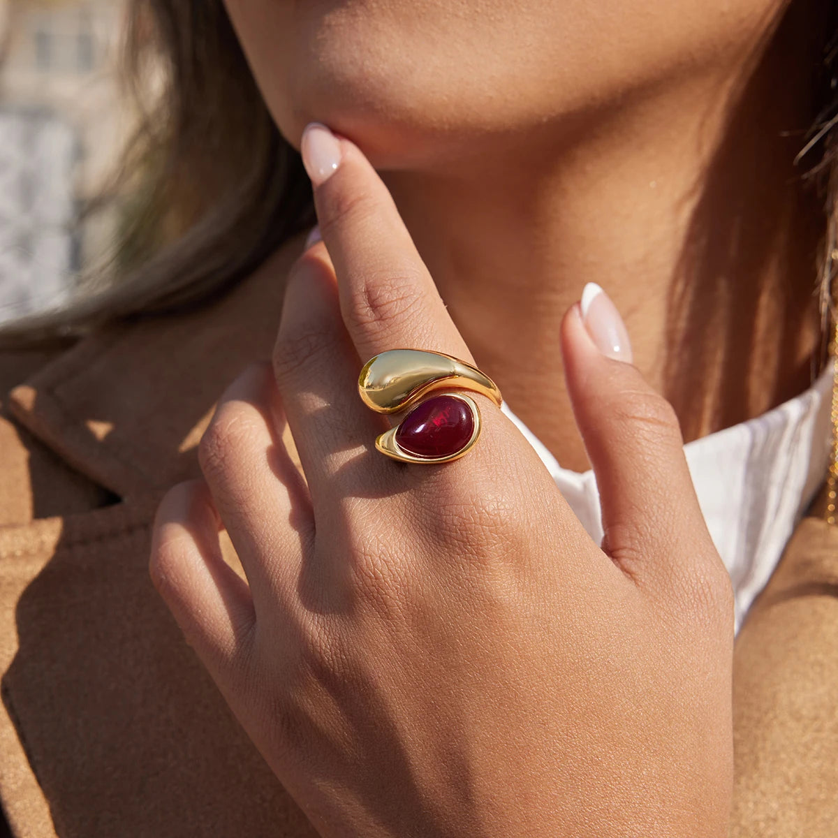 Kika Water Droplet Inlaid Imitation Pearl Asymmetric Opening Ring