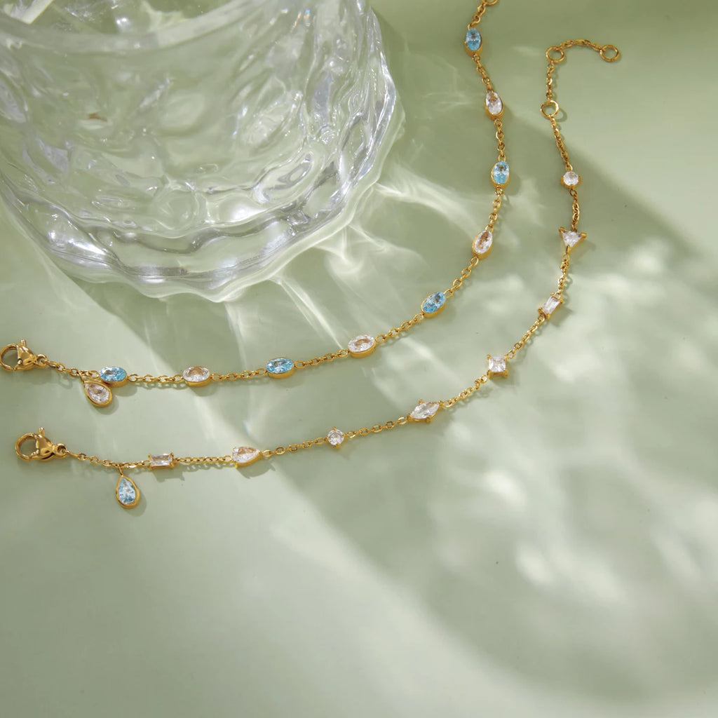 KIKA Delicate White Blue Geometric Droplet Shaped Zircon Bracelet PVD Gold Plated Stainless Steel 316L