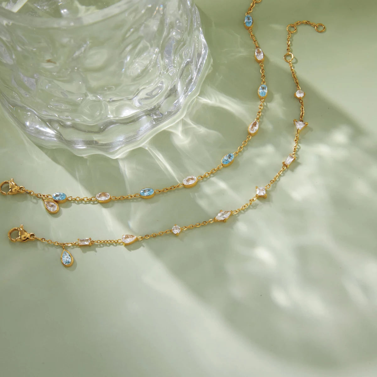 KIKA Delicate White Blue Geometric Droplet Shaped Zircon Bracelet PVD Gold Plated Stainless Steel 316L