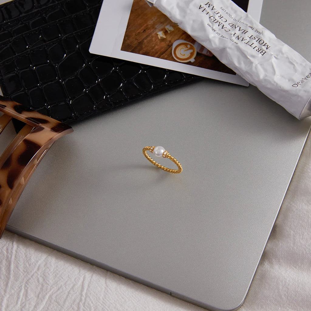KIKA Exquisite Elegant Round Pearl Fried Dough Twists Pattern Ring Stainless Steel 316L White Rhinestone Foldable Thin Ring Women's
