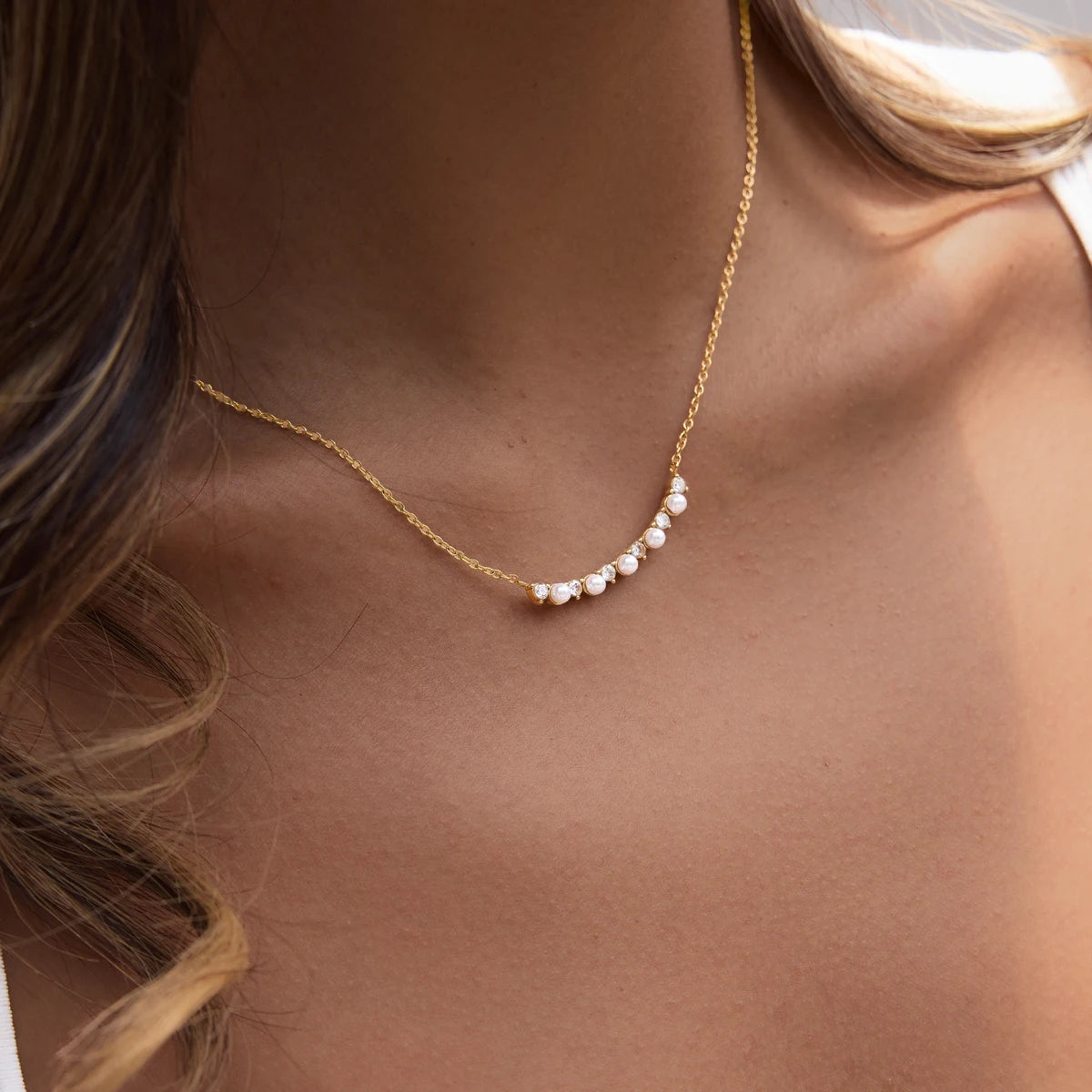 Kika Elegant Zircon Imitation Pearl Smile Shape Pendant Necklace PVD Plated Stainless Steel 316L