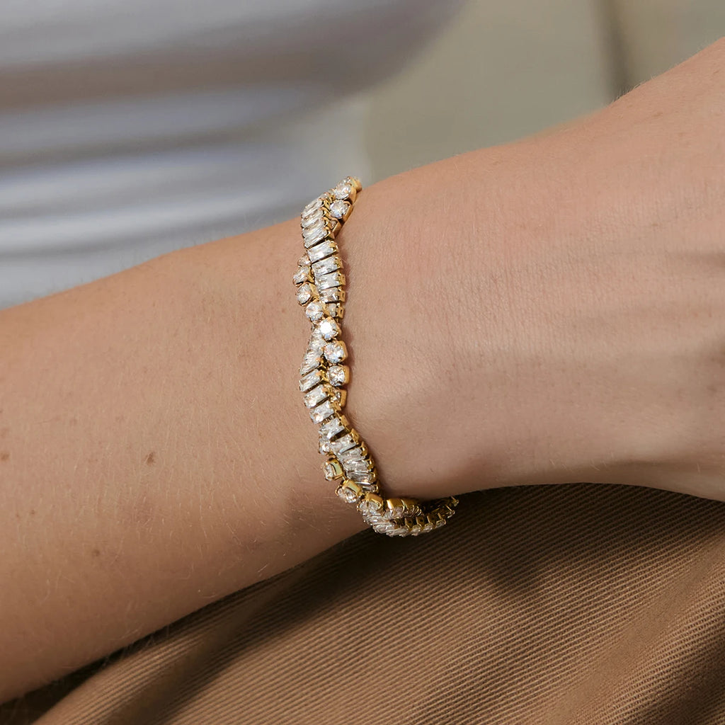 KIKA Delicate White Double-Layer Geometric Square Circular Zircons Winding Bracelet  Stainless Steel 316L
