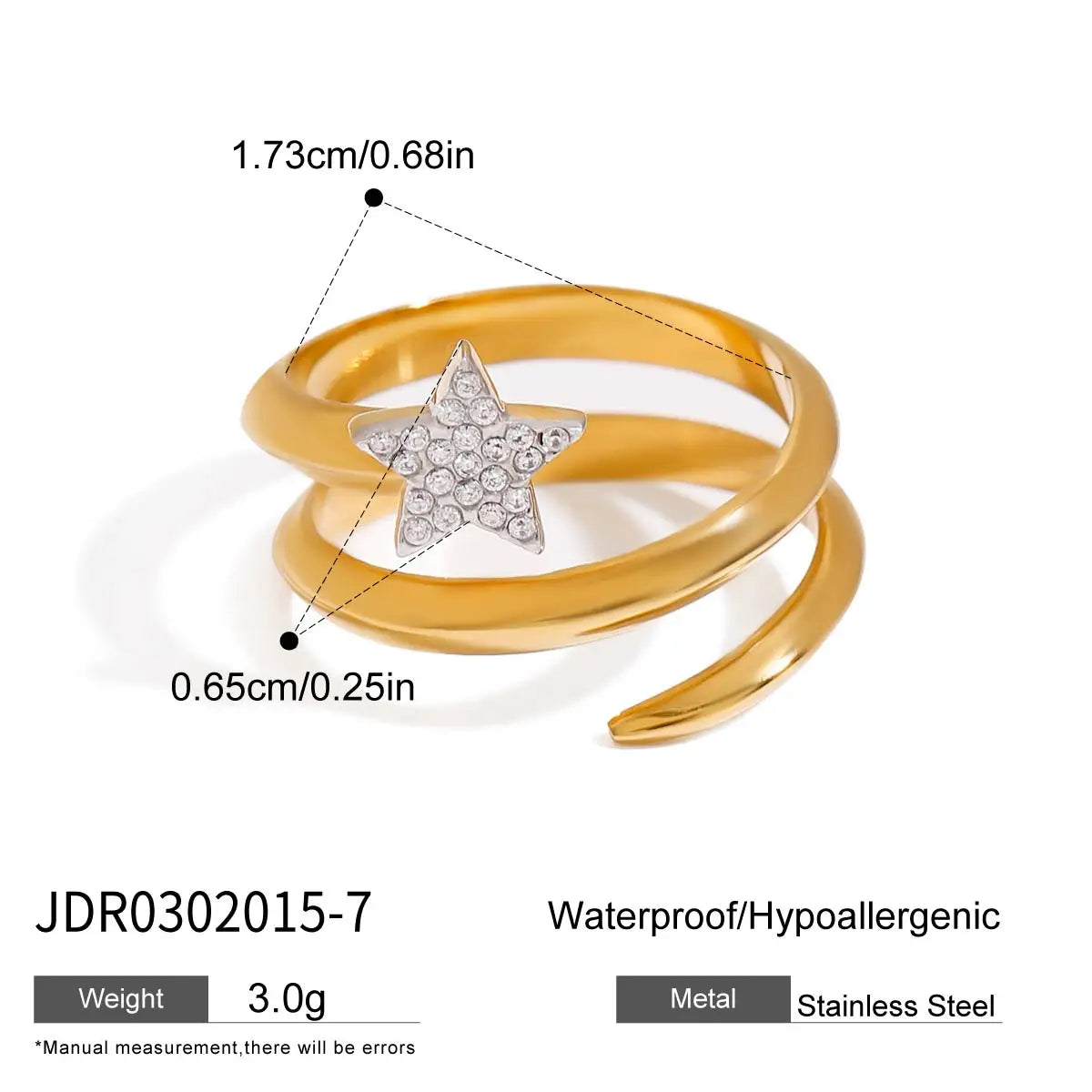 KIKA Unique Designer 18K Gold Color PVD  Plated Stainless Steel 316L Rhinestone Pentagram Rings Stackable