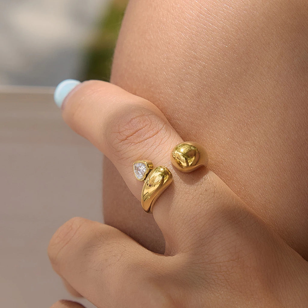 KIKA Delicate Heart Shaped White Zircon Open Ring  PVD Gold Plated Stainless Steel 316L