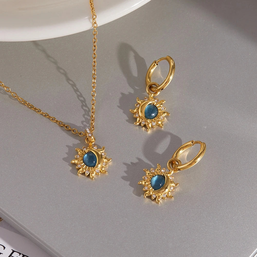 Kika Elegant Blue Resin Necklace Earrings Gold PVD Plated Stainless Steel 316L Moon Star