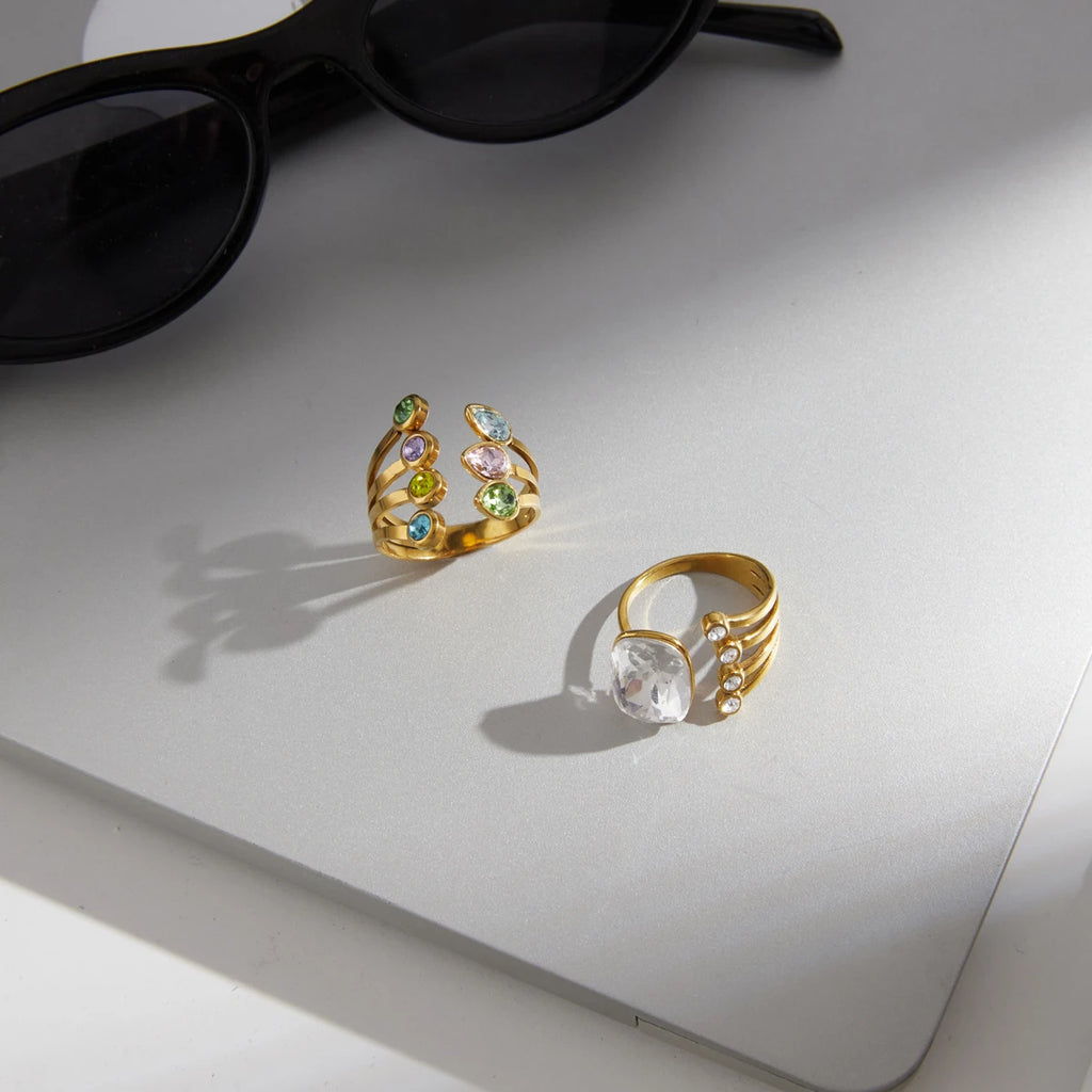 KIKA Elegant Geometric Crystal Open Rings Gold PVD Plated Stainless Steel 316L