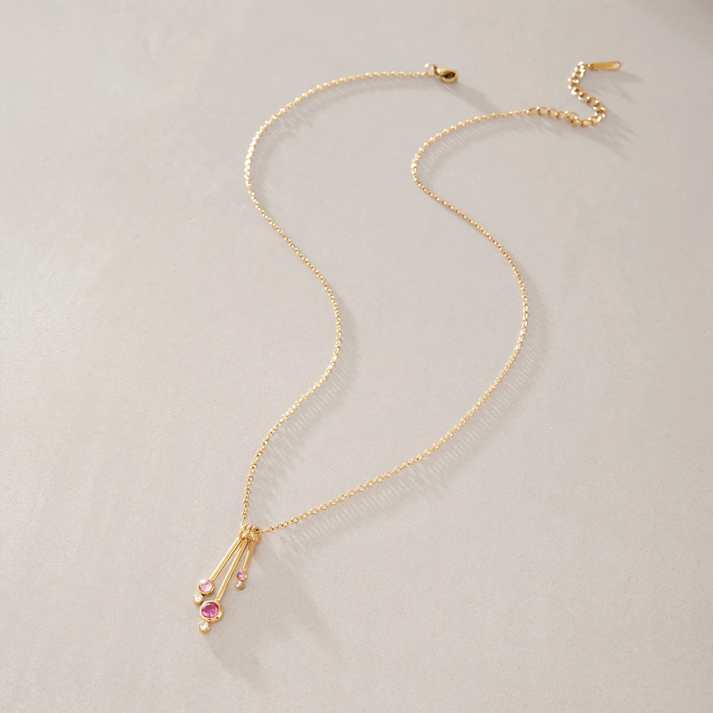 KIKA Round Zircon Stick Pendant Necklace PVD Gold Plated Stainless Steel 316L