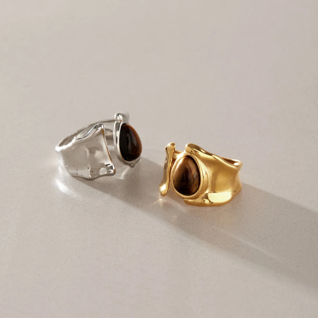 KIKA Vintage Water Drop Shape Tiger Eye Stone Open Rings 18K Gold PVD Plated Stainless Steel 316L