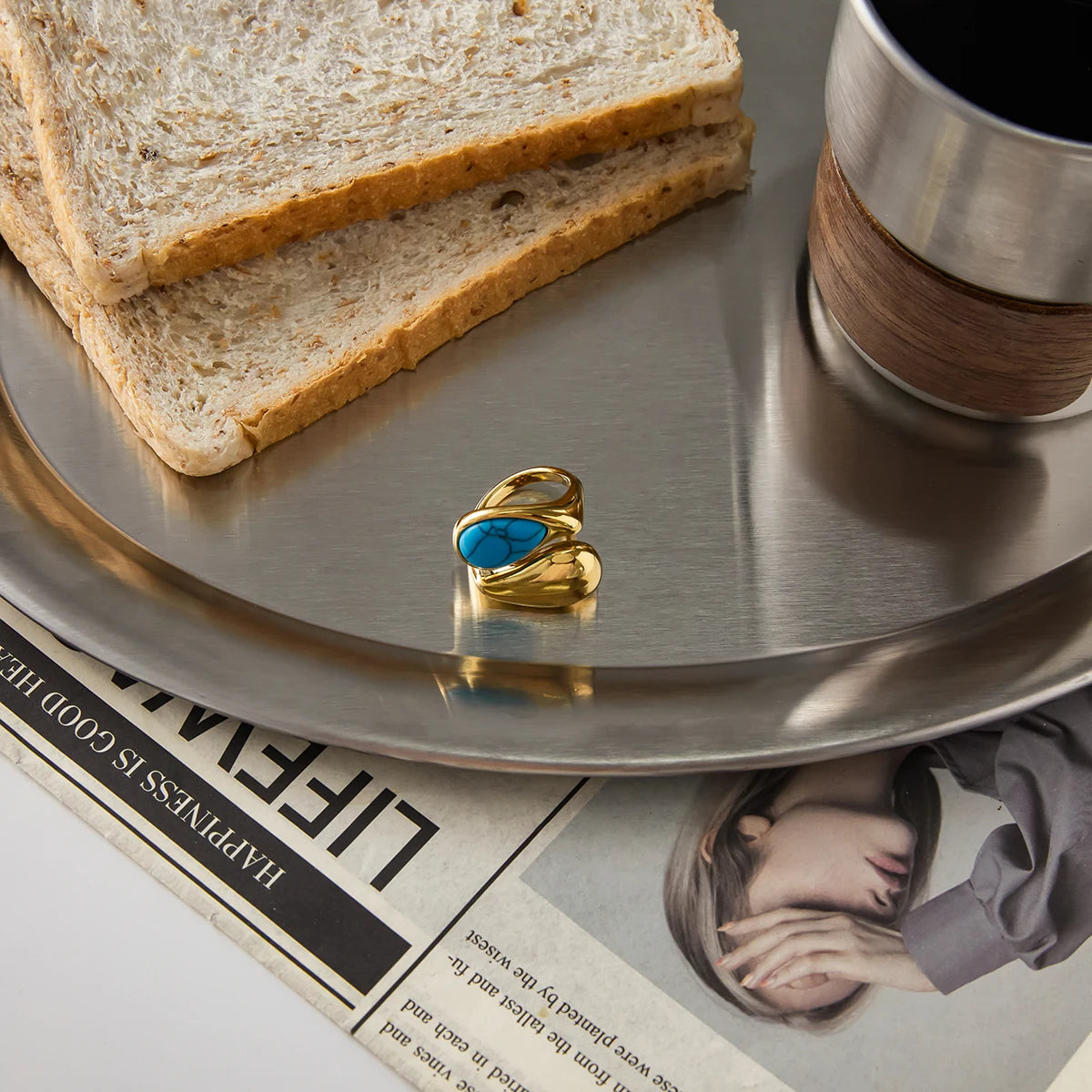 KIKA Vintage  18K Gold Color PVD Plated Blue Turquoise Asymmetric Open Rings Waterproof Stainless Steel 316L