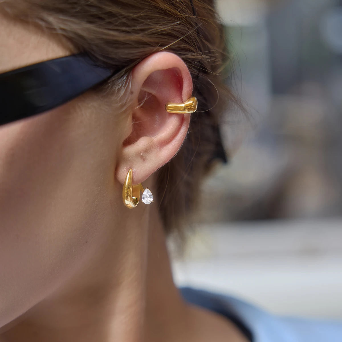 Kika Water Drop Zircon U Shape Clip Earrings Minimalist 18K Gold PVD Plated Stainless Steel 316L