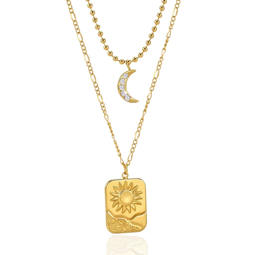 Kika Delicate Moon Sun Double-Layer Chain Bead Chain Multi-Layer Necklace