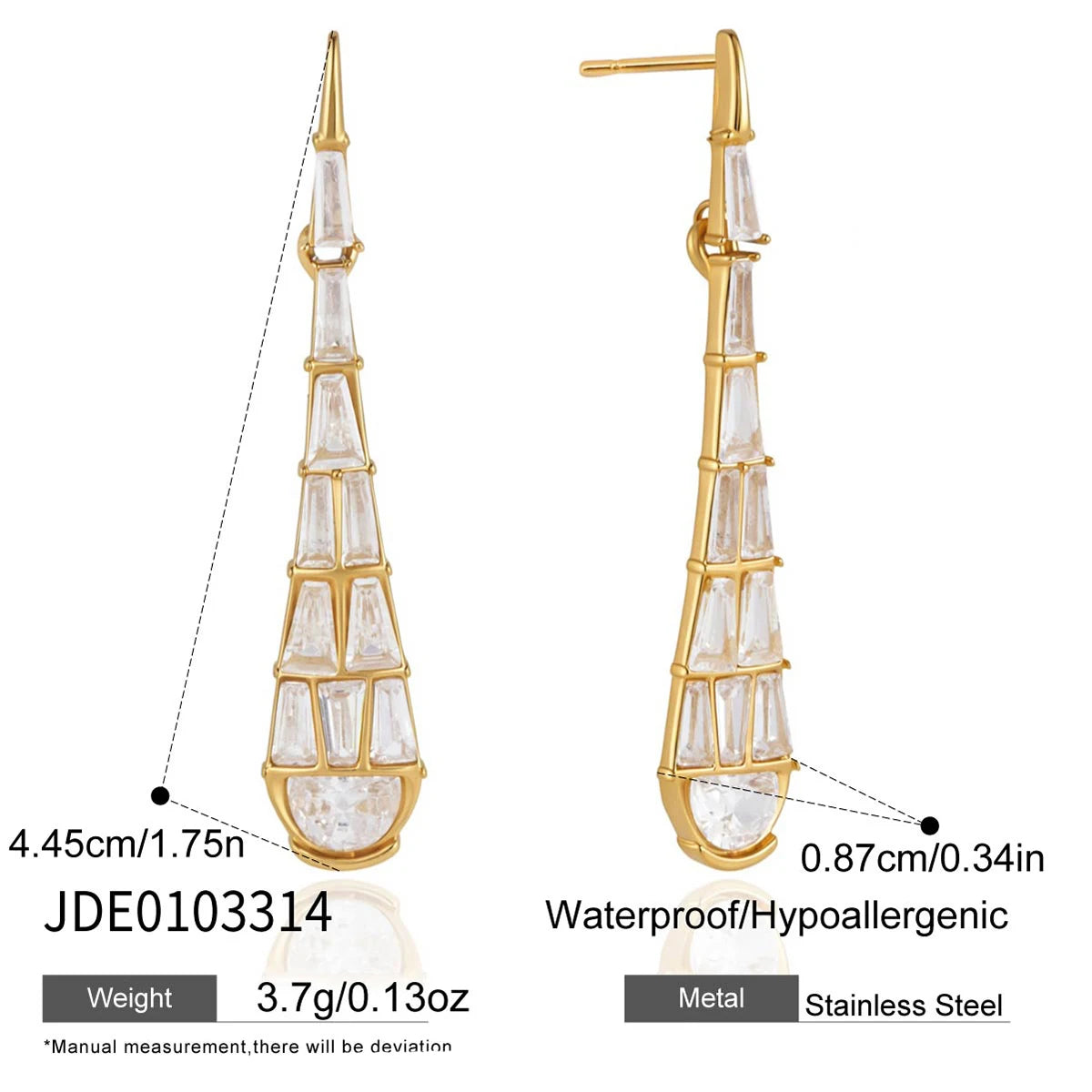 KIKA Geometric Zircon Long Water Drop Earrings 18K Gold Plated Stainless Steel 316L