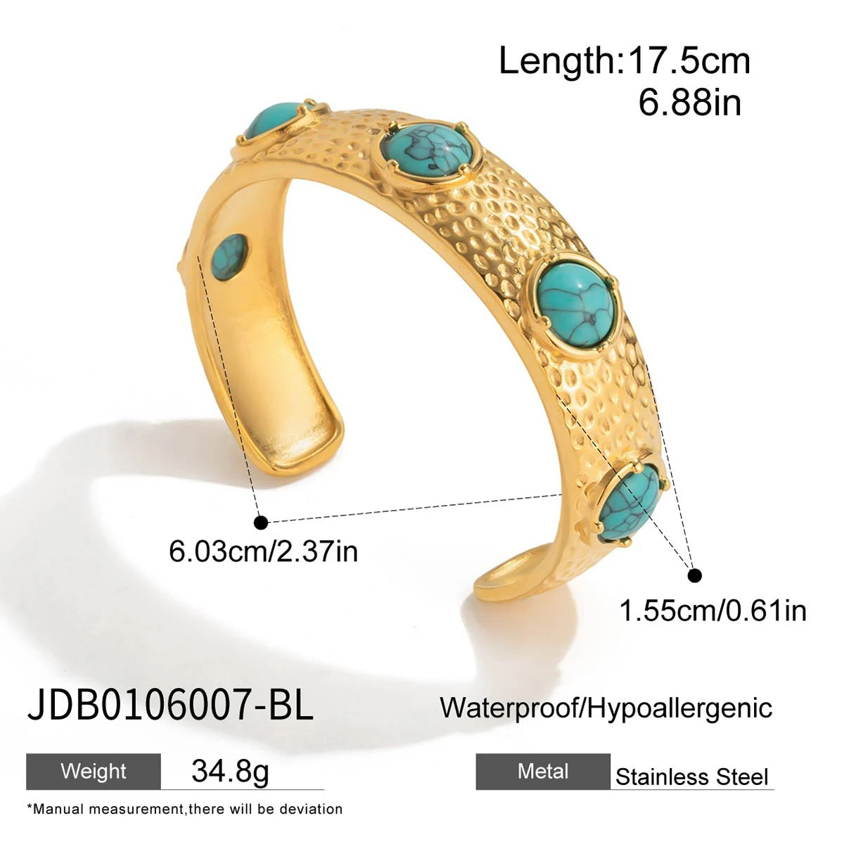 KIKA Vintage 18K Gold Color PVD Plated Stainless Steel 316L Round Turquoise Hammer Patterned Bracelet