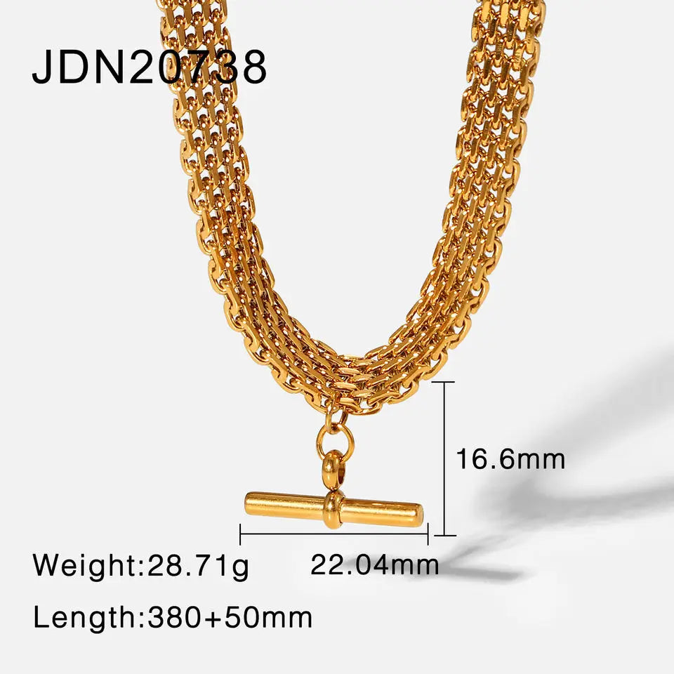 Kika New 18K Gold Color Plating Figaro Cuban Chain T-bar Pendant Necklace