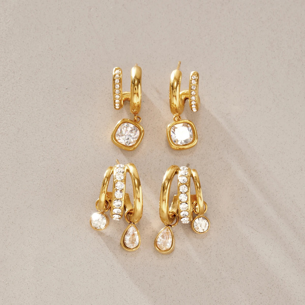 KIKA Water Drop Square Zircon Earrings For Women Minimalist C Shape 18K Gold Plated Stainless Steel 316L