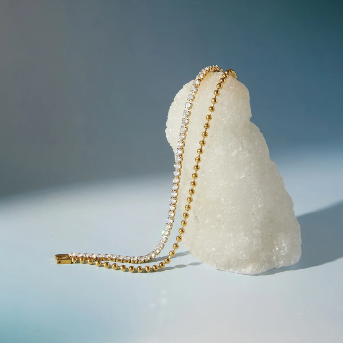 Kika Delicate White Zircon Chain With Gold Color Bead Chain Double-Layer Bracelet