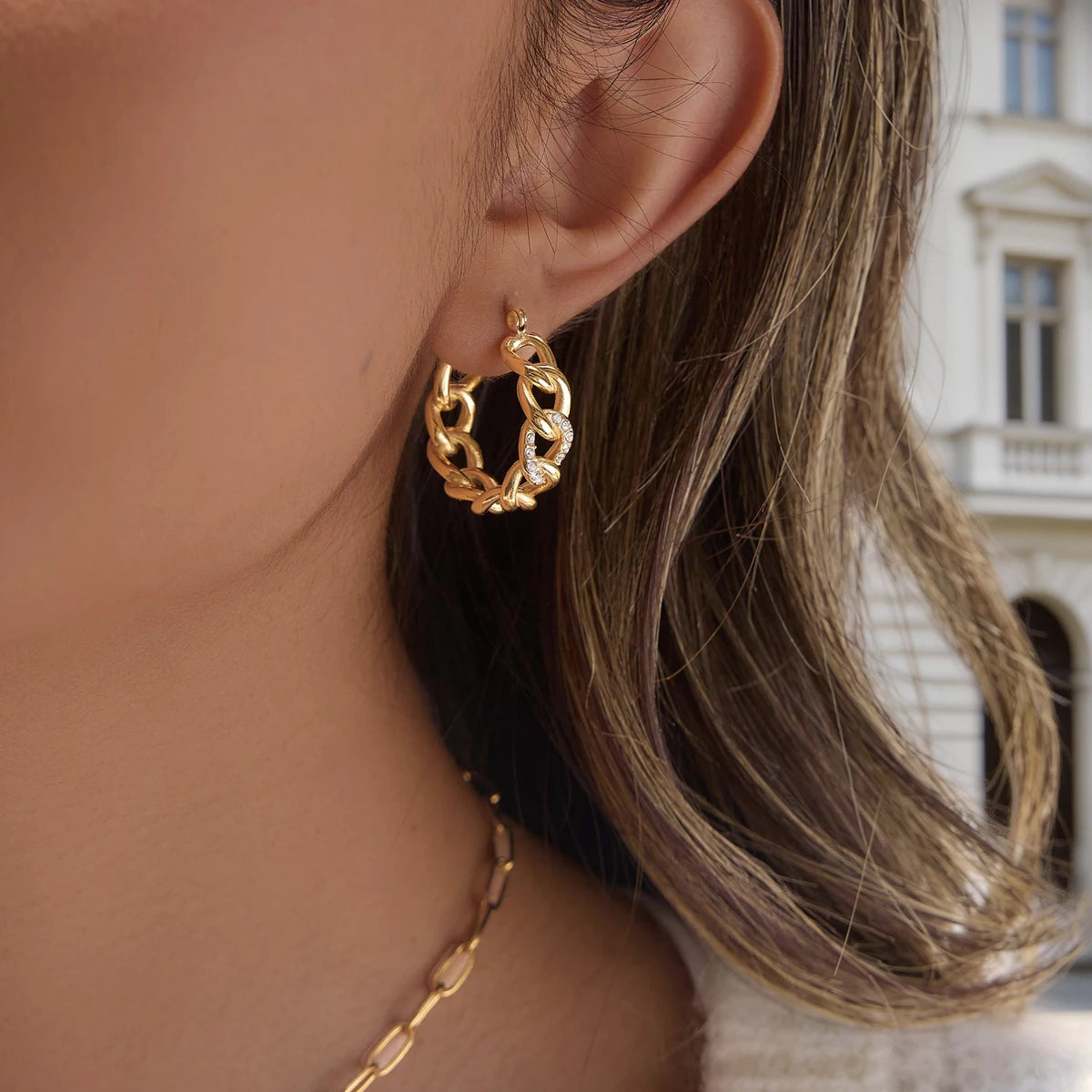 Kika Punk Cuban Chain Shape Clip Earrings Minimalist 18K Gold Plated Stainless Steel Earrings 316L