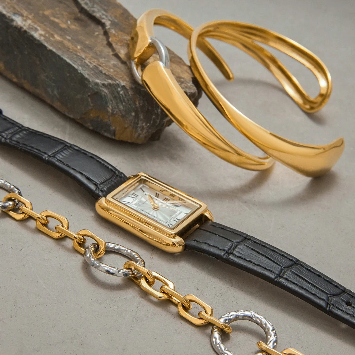 KIKA  Fashion Geometric Rectangular Belt Watch Two tone Chain Bracelet Stainless Steel 316L PVD Plated