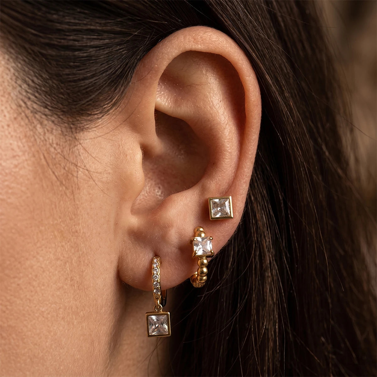 KIKA 3 Pcs/Set Square Zircon Earrings PVD Plated Stainless Steel 316L