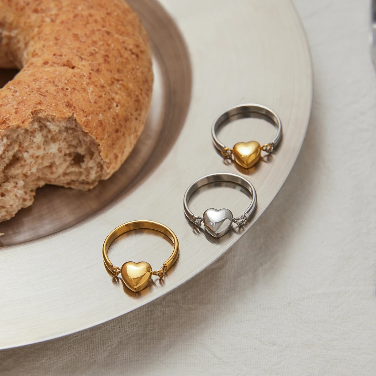 Kika Simple Classic Stainless Steel Heart Ring Love Flip Stacked