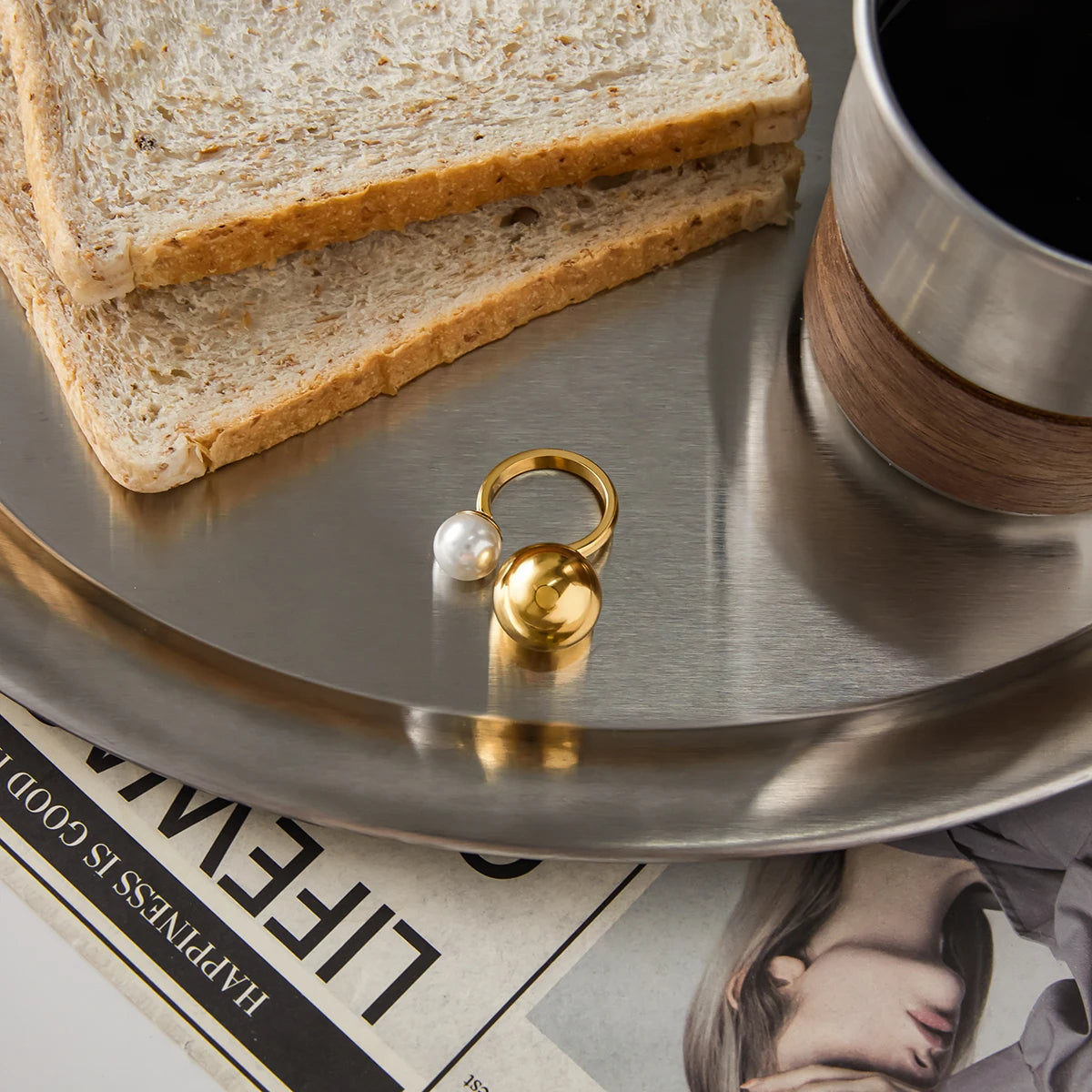 KIKA  Minimalist Classic 18K Gold Color PVD Plated Glass Pearl Asymmetric Spherical Ring Stainless Steel 316L Waterproof