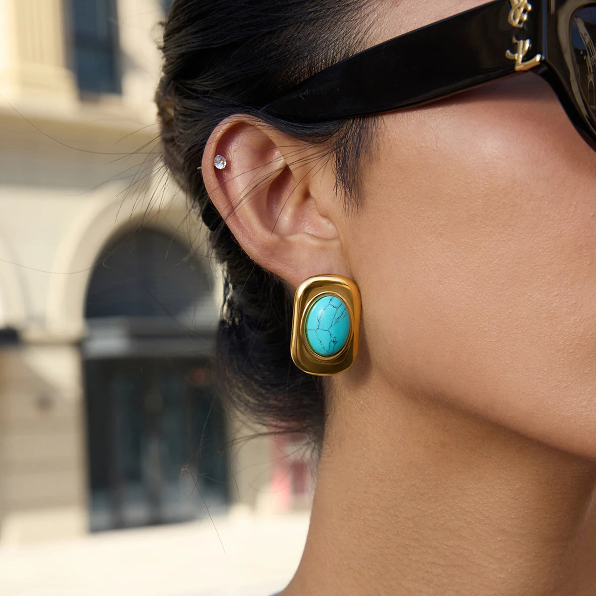 KIKA Vintage PVD Plated Stainless Steel Oval Turquoise Ear Studs Exaggerated Oversized Autumn And Winter Earrings